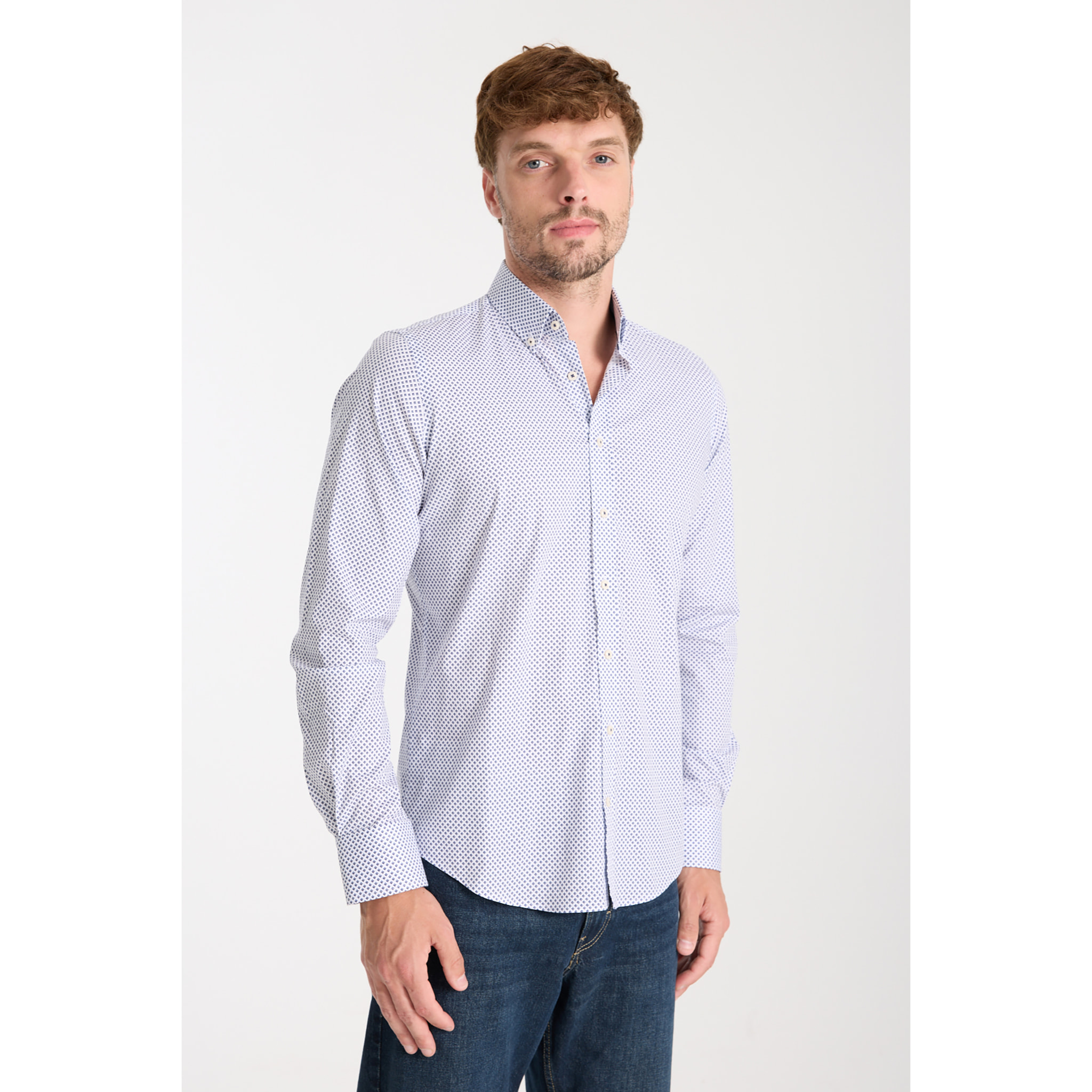 camicia uomo 1 bottone button down slim Popeline Stretch Stampato Bianco e Blu