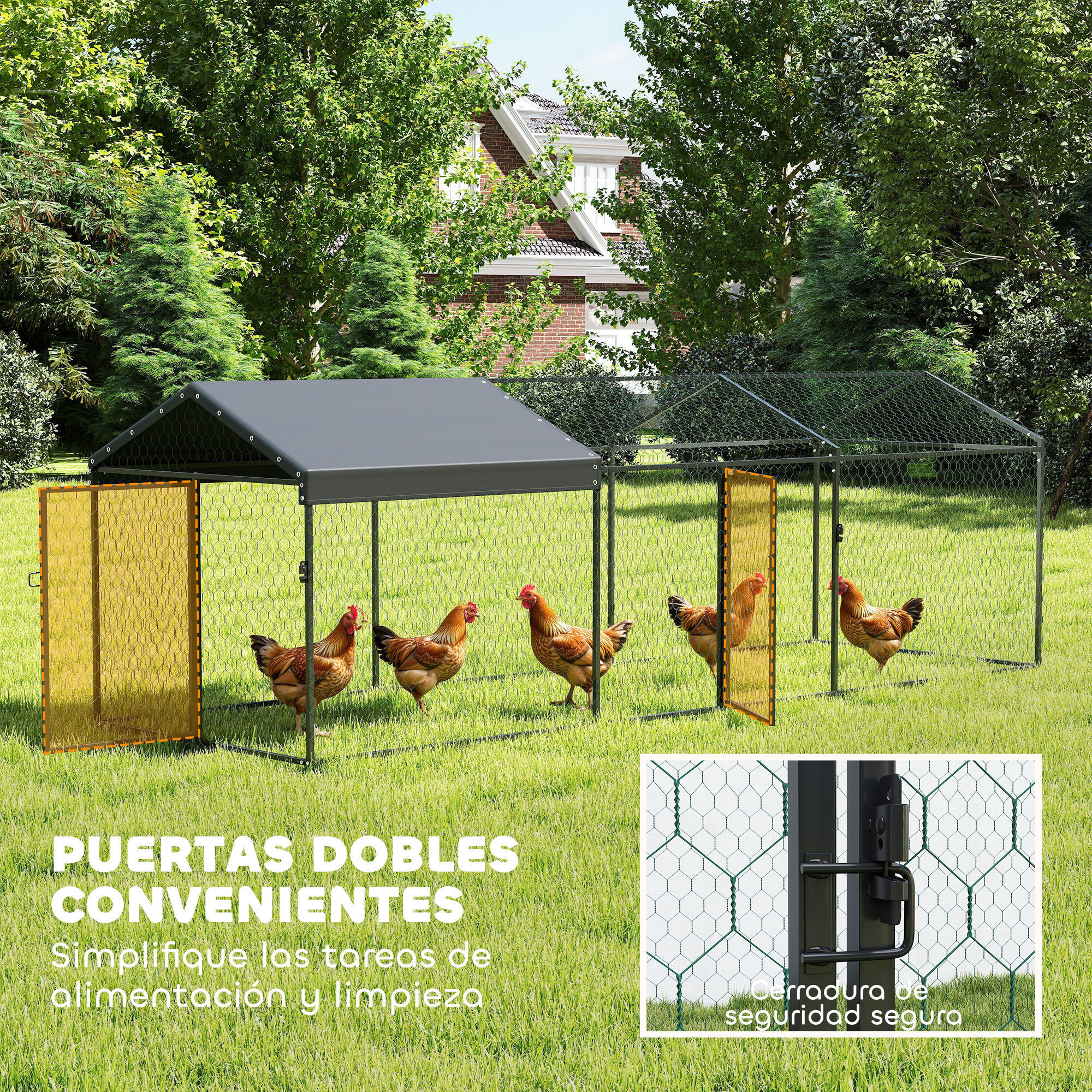 Gallinero para Exterior Grande, 3x1x1 m, Gallinero Metálico con Cubierta Tela Oxford, Anti-UV e Impermeable, 2 Puertas con Cerradura, Jaula para 3-5 Gallinas, Patos o Conejos, Negro