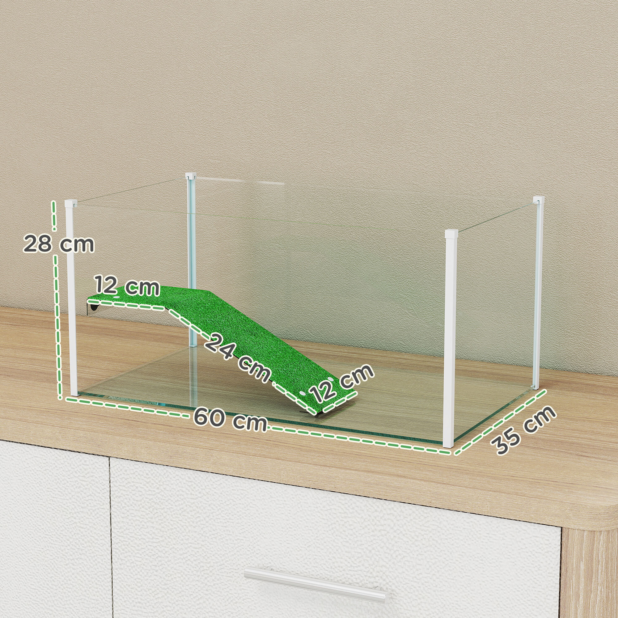 Acuario para Tortugas, Terrario de Tortugas con Plataforma y Rampa con Superficie de Césped Artificial, Vista Panorámica 360°, para Peces Pequeños, Camarones, 60x35x28 cm, Blanco