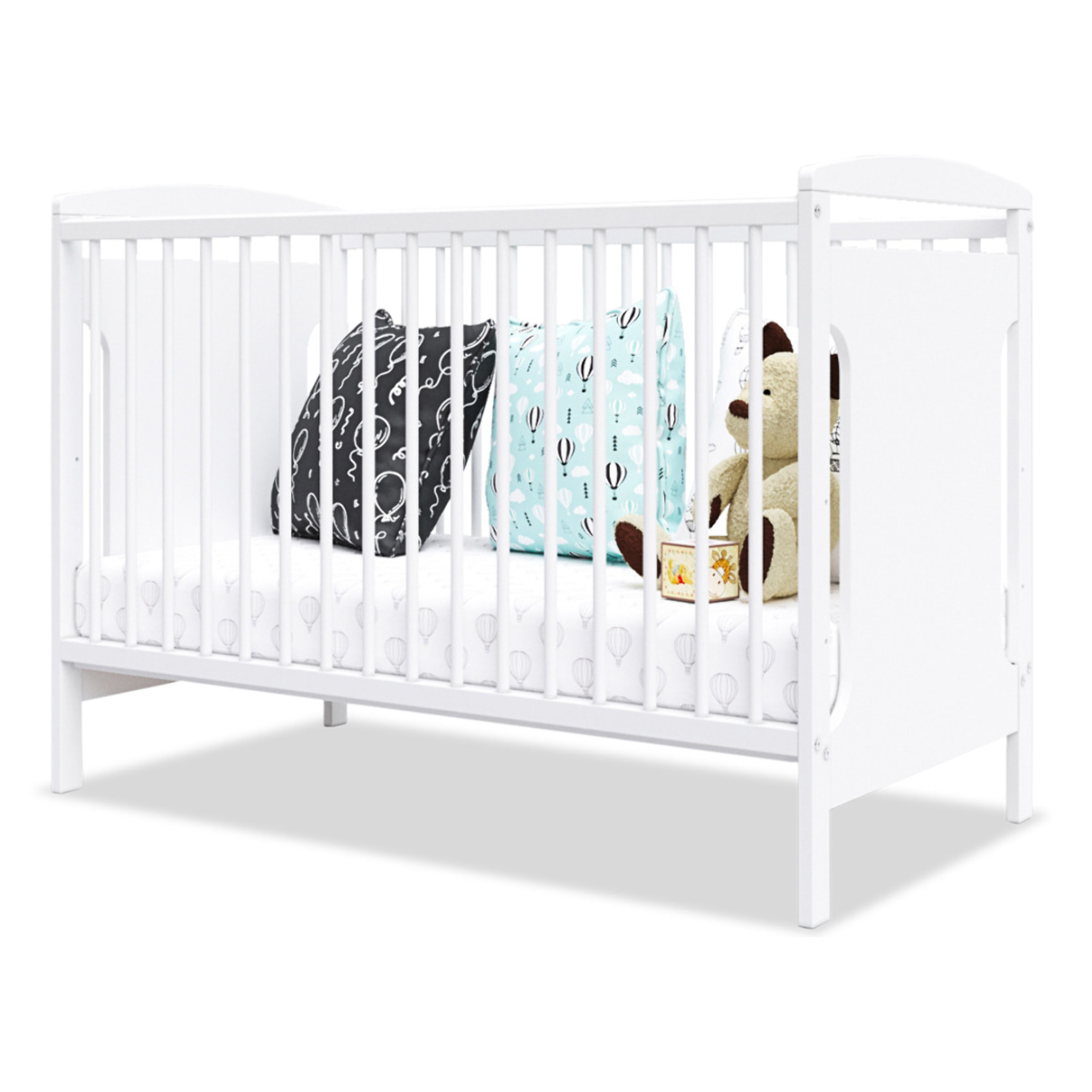 Lit Bébé Évolutif Margot 60x120 cm en Bois, Blanc, Sommier Réglable 3 Hauteurs, Barreaux Amovibles