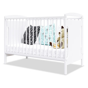 Lit Bébé Évolutif Margot 60x120 cm en Bois, Blanc, Sommier Réglable 3 Hauteurs, Barreaux Amovibles