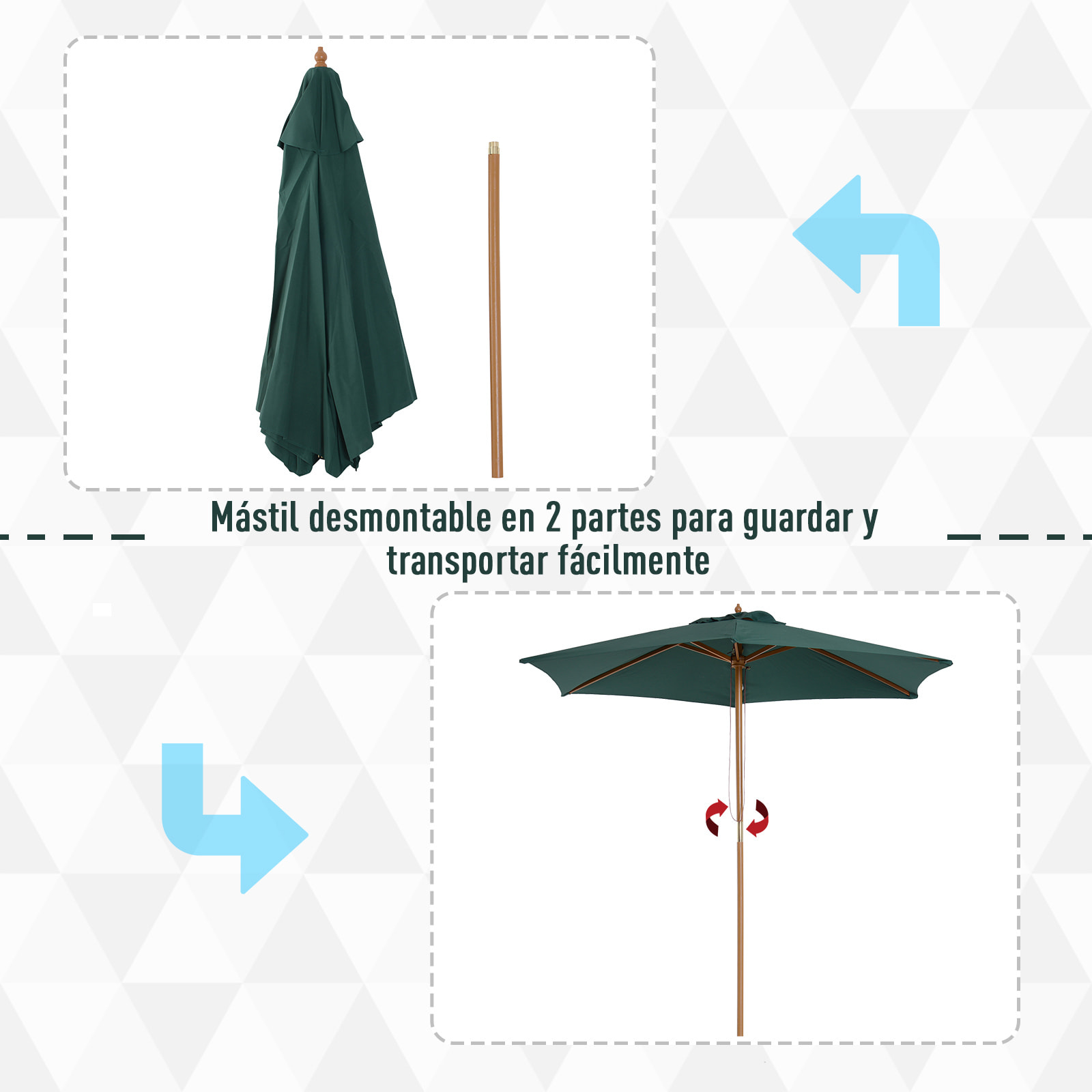 Sombrilla Parasol para Patio Mástil de Madera 2,5m Verde