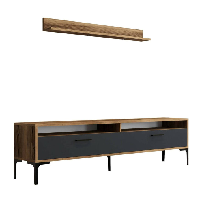 Parete attrezzata Oho, Composizione soggiorno, Mobile salotto multiuso, Armadio porta TV, 180x35h47 cm, Noce e Antracite