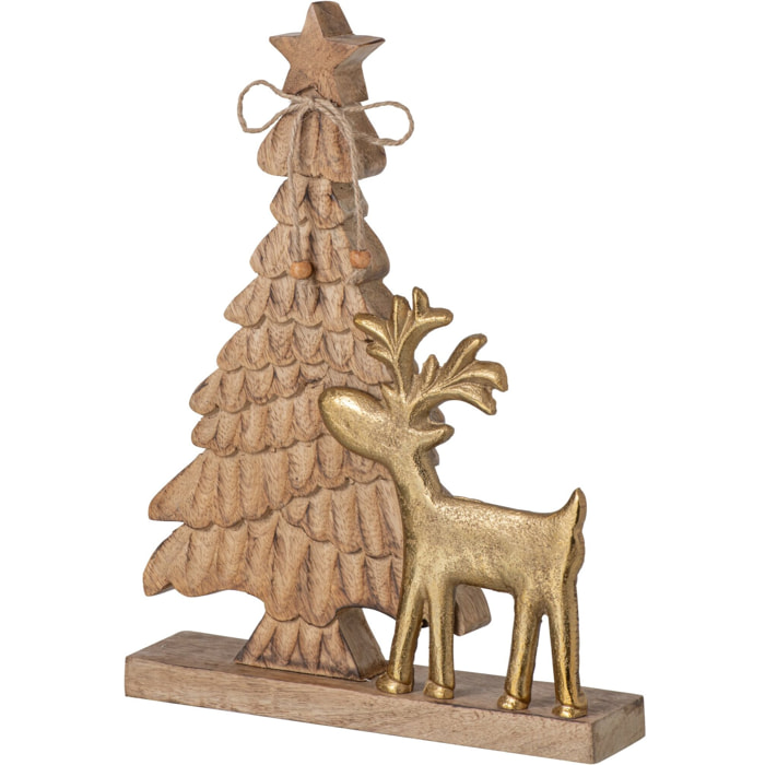 J-Line Sapin de Noël et renne - bois de manguier - naturel/doré