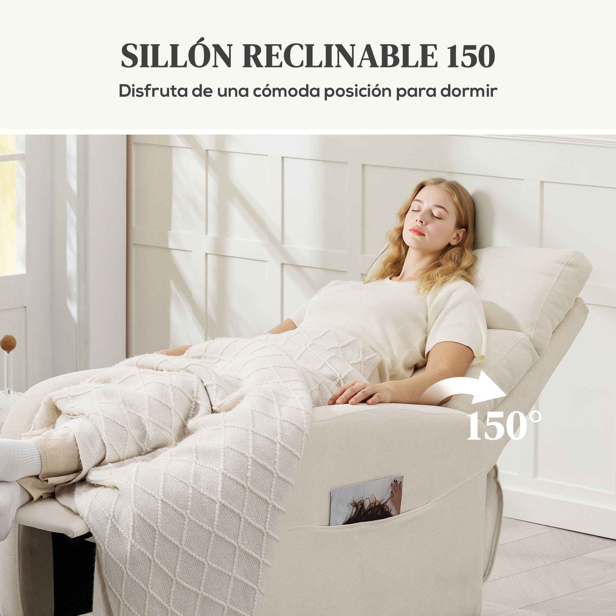 Sillón Relax Reclinable Manual Sillón Relax Tapizado en Lino Sintético con Reposapiés y Bolsillo Lateral Carga 135 kg Sillón Reclinable para Dormitorio Oficina Crema