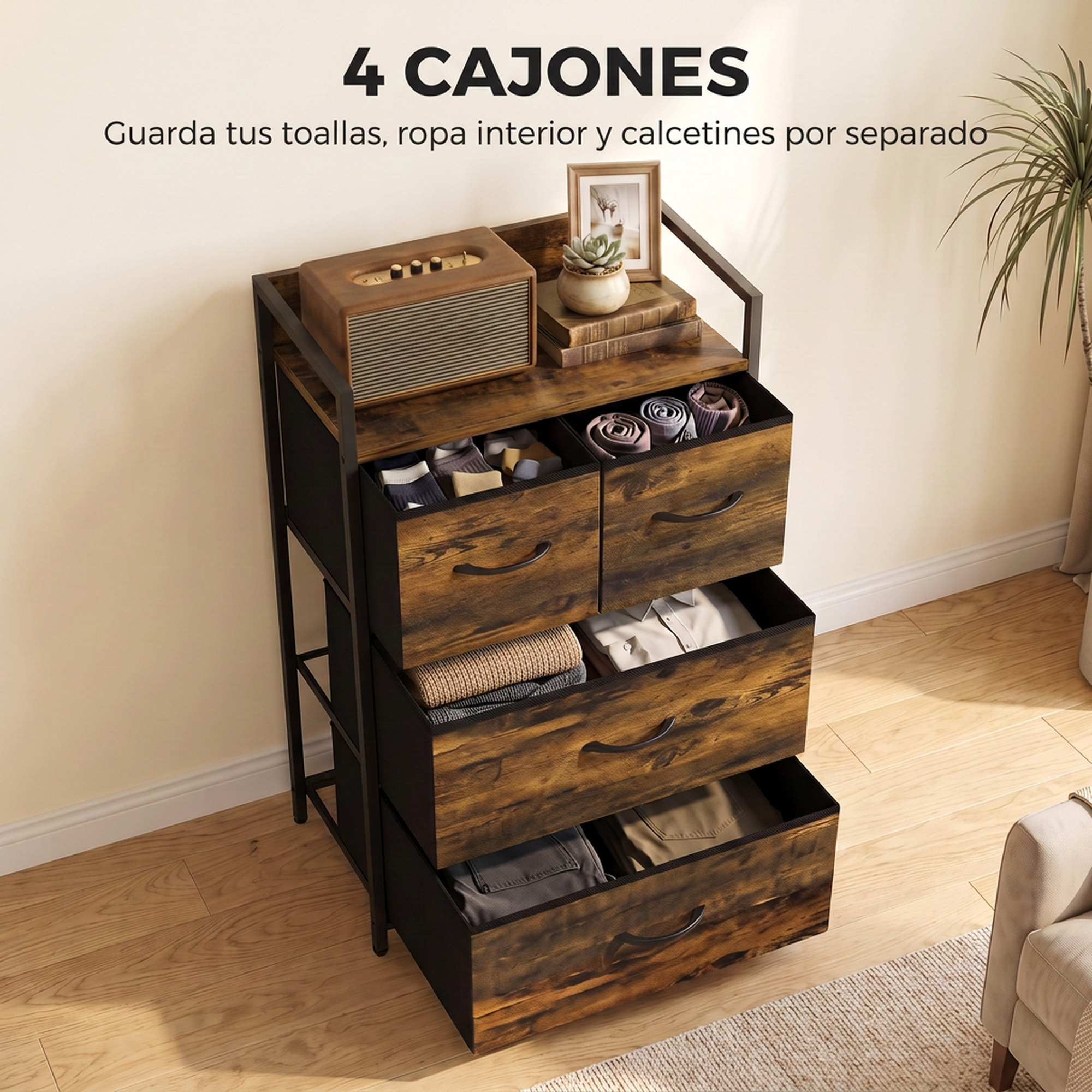 Mueble Organizador Cajonera de Tela con Cajones Plegables Estante Abierto y Marco de Acero Estilo Industrial para Salón Recibidor Dormitorio 60x29x85 cm Marrón Rústico