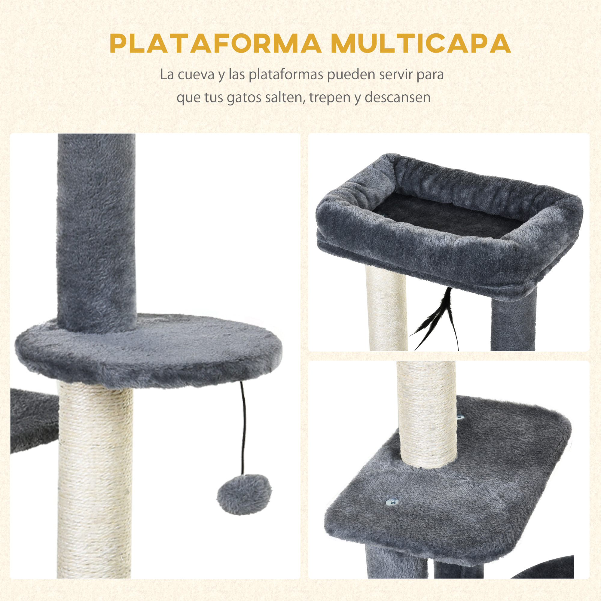árbol Rascador para Gatos de Felpa y Sisal 48x35x100cm Gris