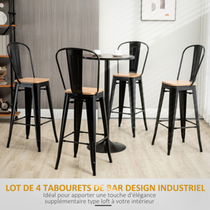 Lot de 4 tabourets de bar industriel avec dossier repose-pied hauteur assise 76 cm métal panneaux multicouches imitation bois clair