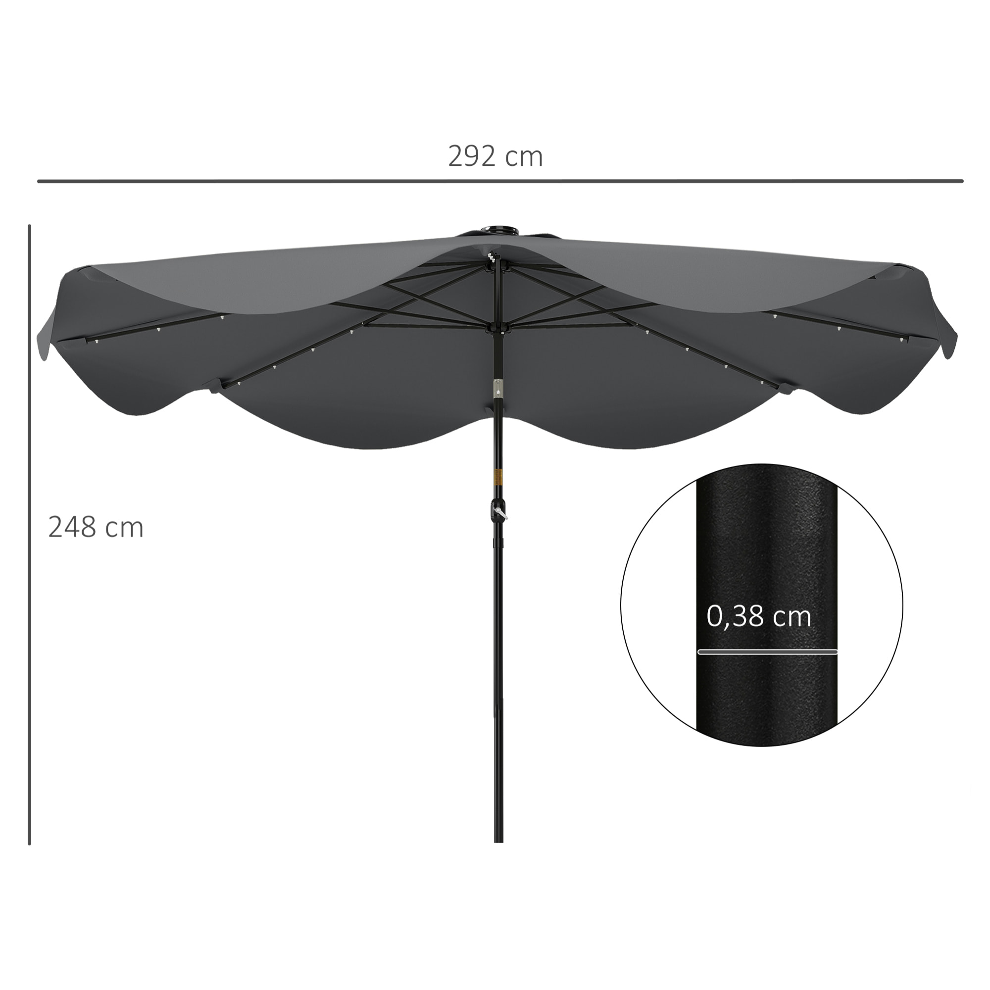 Sombrilla de Jardín Ø292x254 cm Parasol de Terraza Manual con 32 Luces LED Solares 8 Varillas Ángulo Ajustable Impermeable y Rejillas de Ventilación para Patio Balcón Gris Oscuro