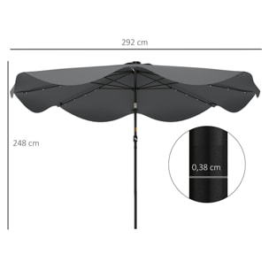 Sombrilla de Jardín Ø292x254 cm Parasol de Terraza Manual con 32 Luces LED Solares 8 Varillas Ángulo Ajustable Impermeable y Rejillas de Ventilación para Patio Balcón Gris Oscuro