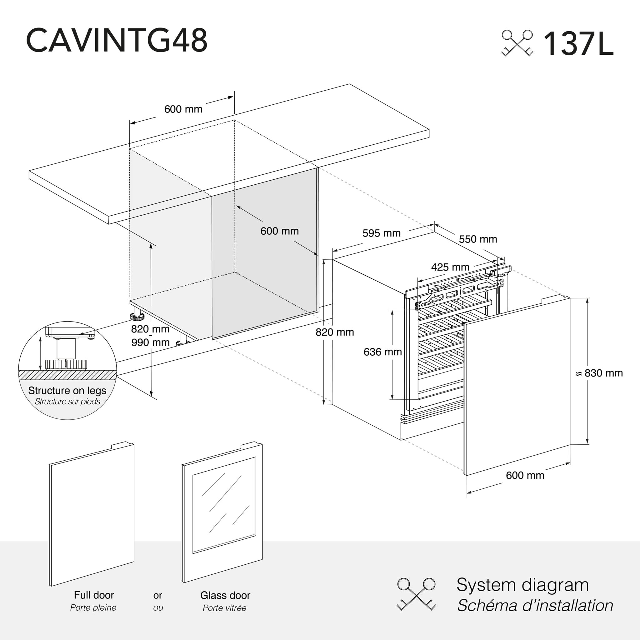 Vinoteca encastrable e integrable 48 botellas, 134 L, LES PETITS CHAMPS, temperatura regulable 5–22 °C