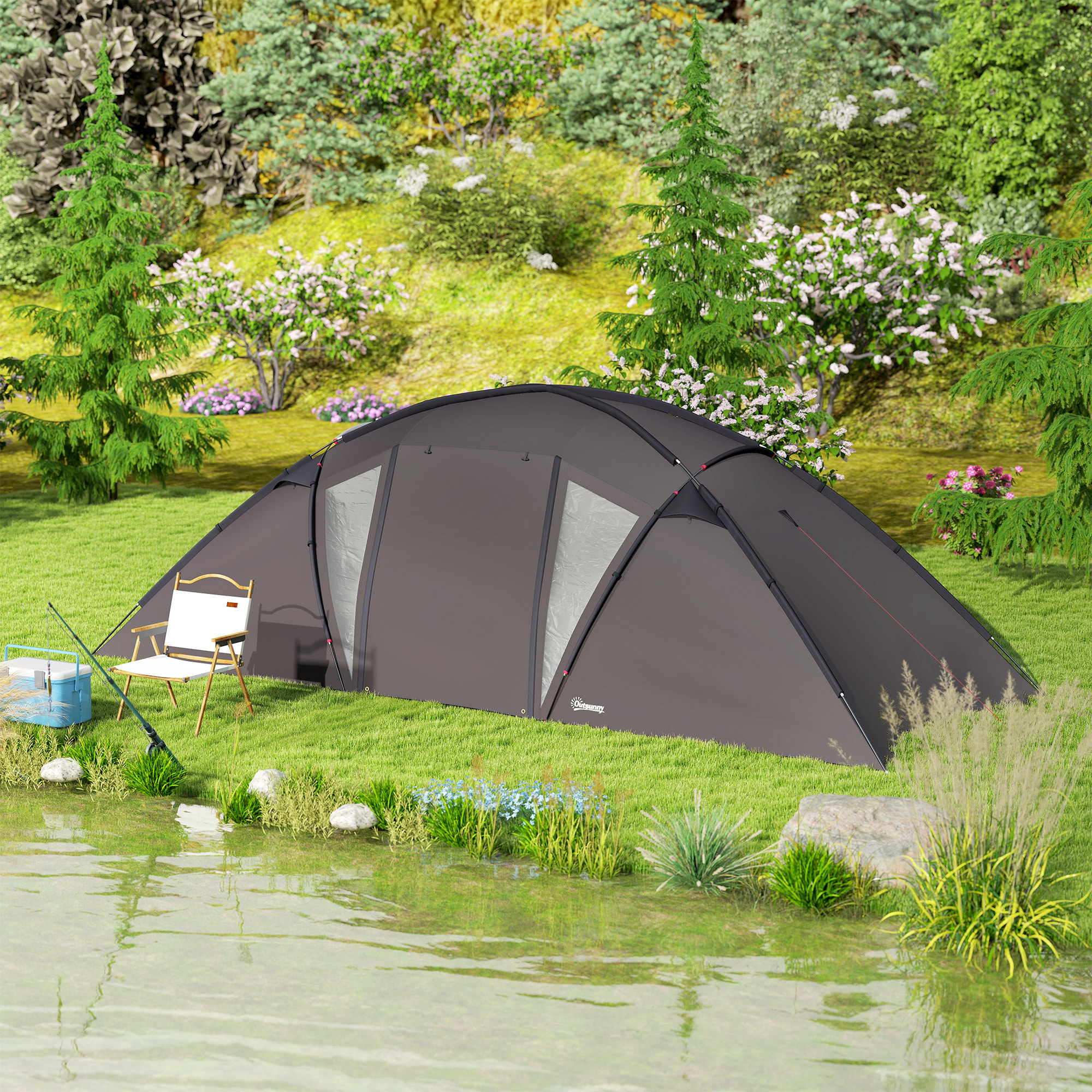 Tente camping 6 places - tente tunnel familiale - imperméabilité 3000mm - dim. 6,15 x 2,35 x 1,95 m - sac inclus - gris