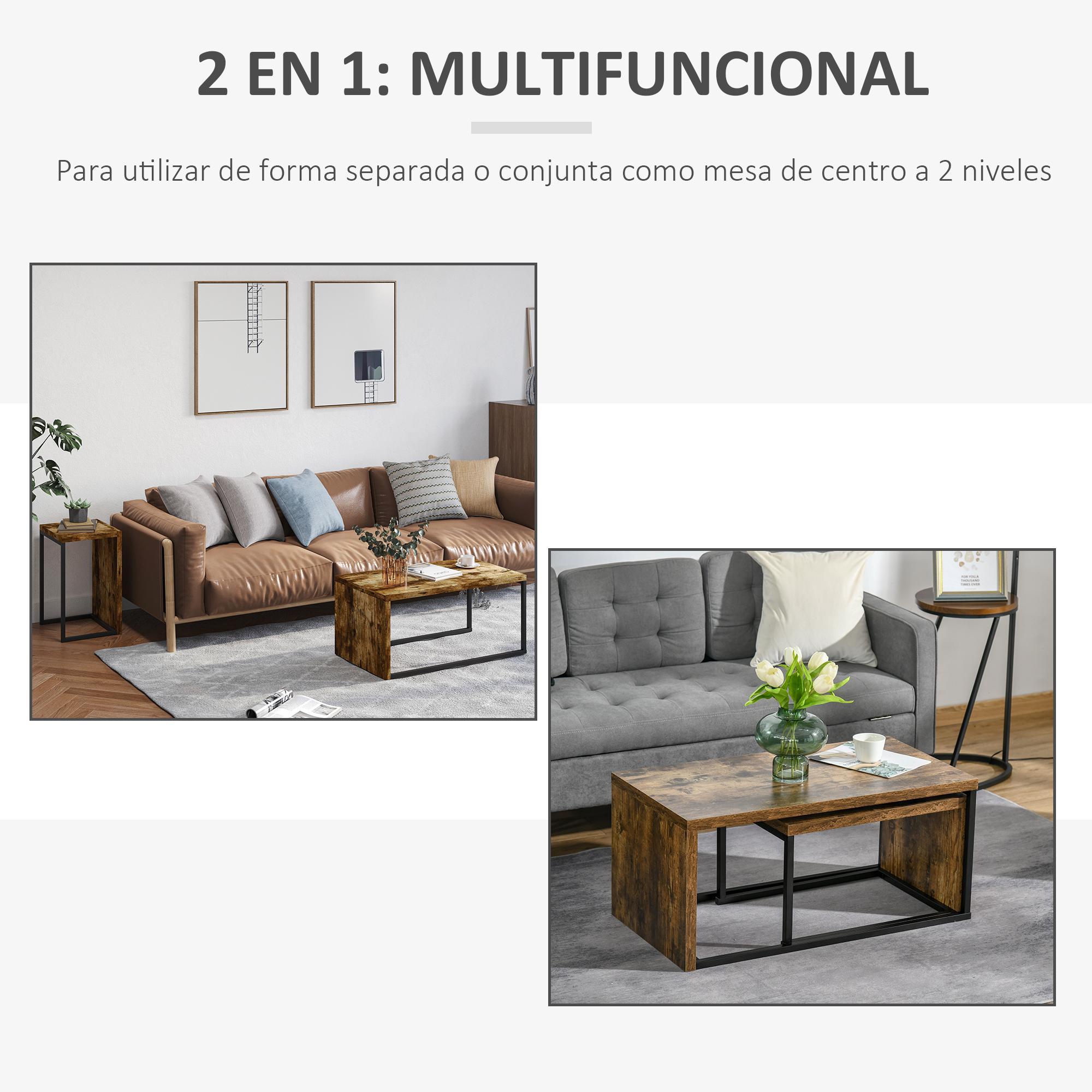 Juego de 2 Mesas de Centro Mesitas de Café con Patas de Metal Estilo Industrial para Salón Comedor Sala de Estar 90x48x42 cm y 59x42x36 cm Marrón Rústico