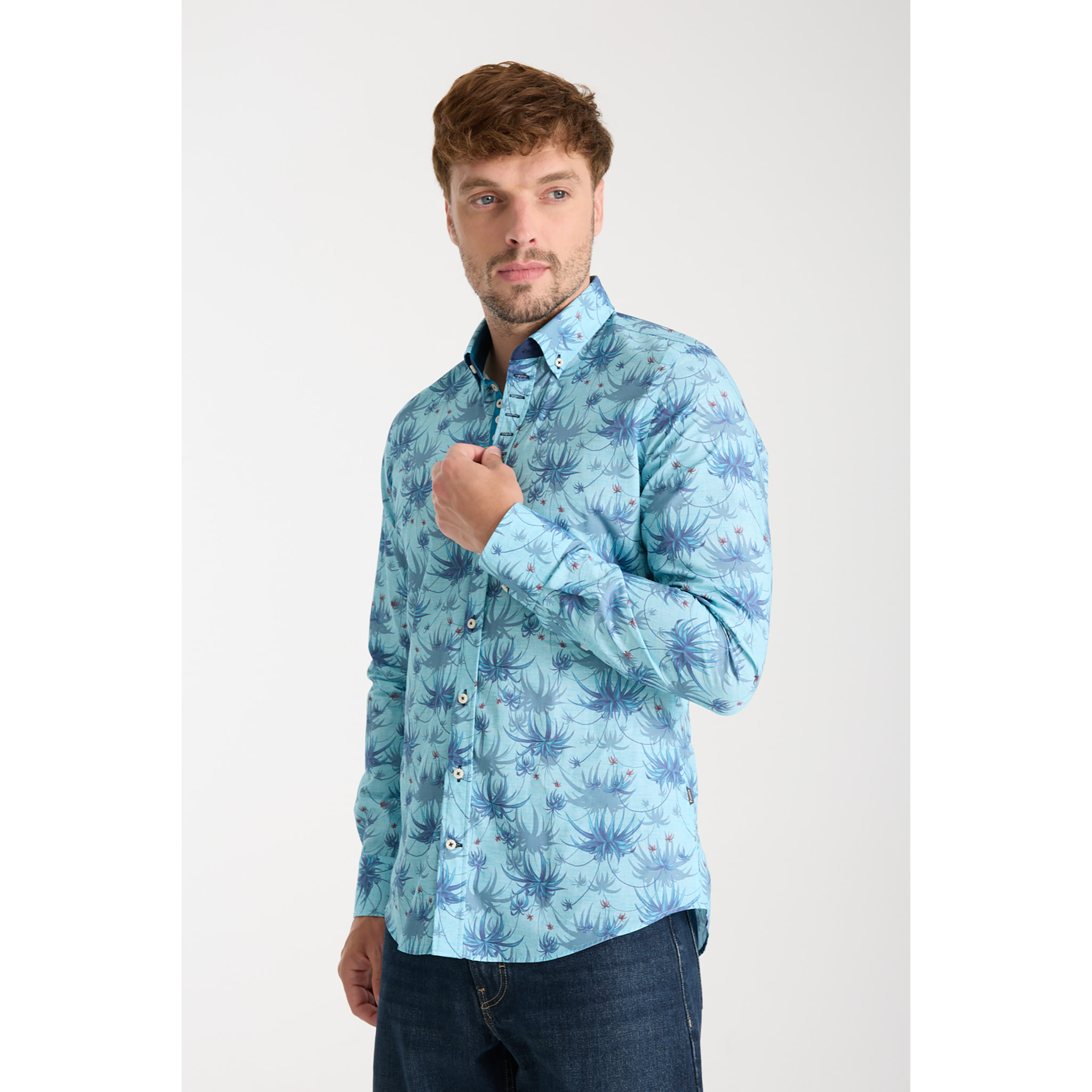 Camicia Uomo 1 Bottoni Button Down Slim Popeline Stampato Turchese/Blu