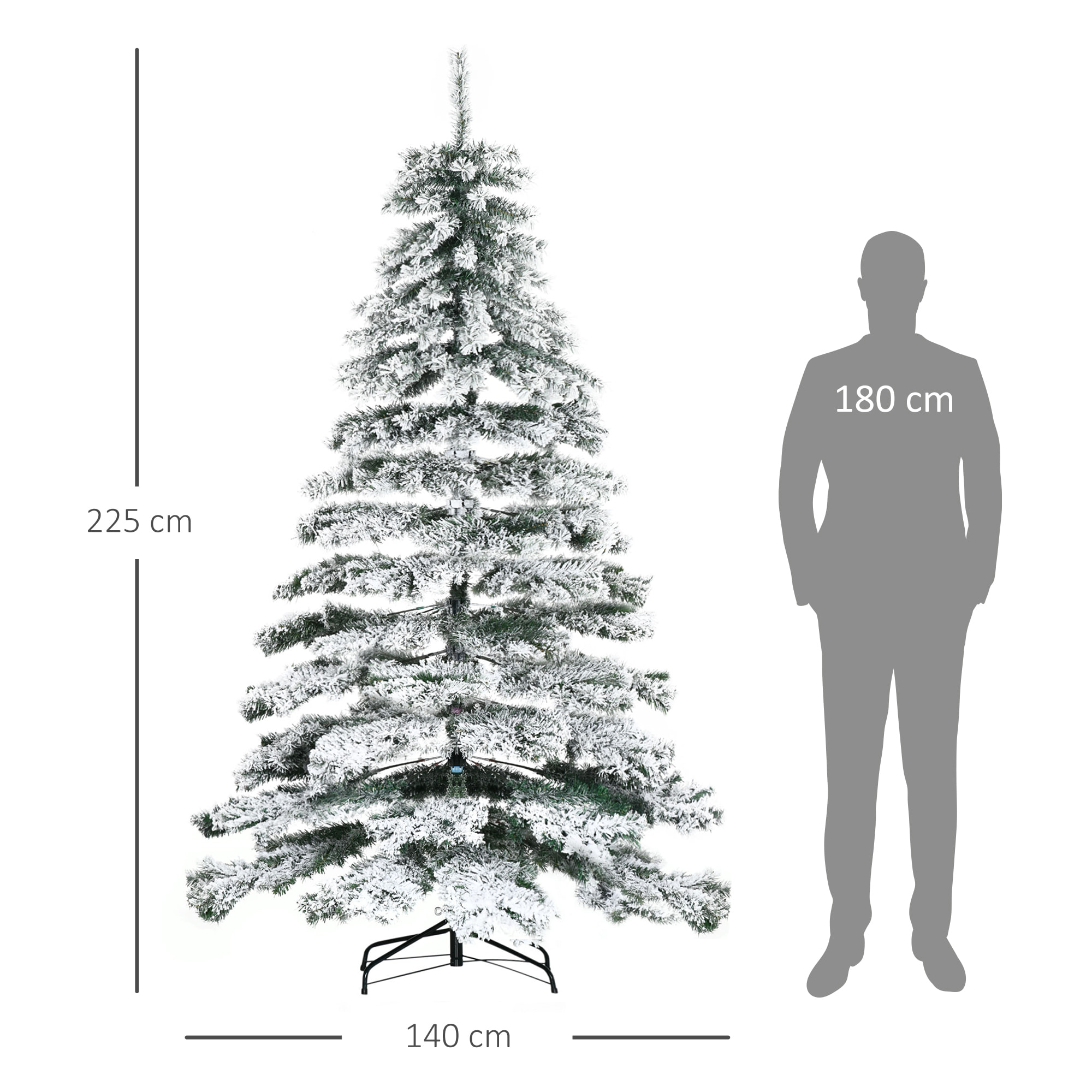 árbol de Navidad 225 cm Nevado Artificial con 1083 Puntas de PVC Base Plegable y Soporte de Metal Decoración Navideño para Interiores 140x140x225 cm Verde y Blanco