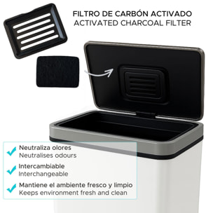 Cubo de basura color blanco en acero inoxidable con sensor automático y filtro antiolor.