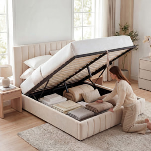 Lit Coffre Trocadéro en Velours Beige, Grand espace de Rangement, Tête de Lit Rembourrée, Sommier à Lattes Actives, Robuste et Confortable