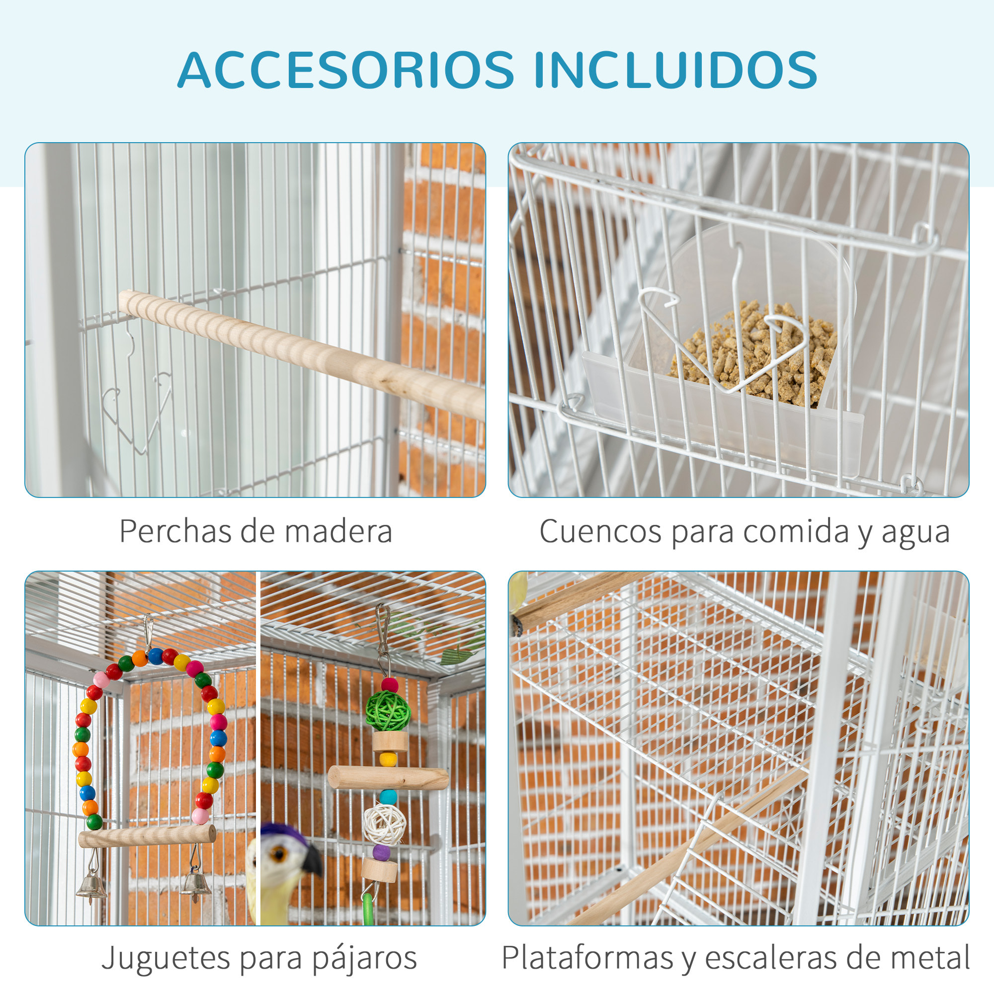 Jaula para Pájaros con Ruedas 83x53x180 cm Pajarera Metálica de 3 Niveles con 3 Perchas Comederos Juguetes Rampas y Estante de Almacenamiento para Canarios Periquitos Blanco