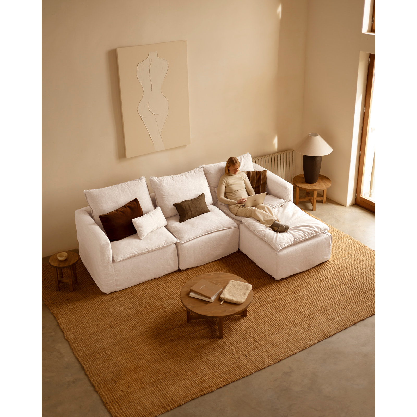 Puf de algodón y lino desenfundable tono blanco de 89x87cm Alto: 54 Largo: 89 Ancho: 87