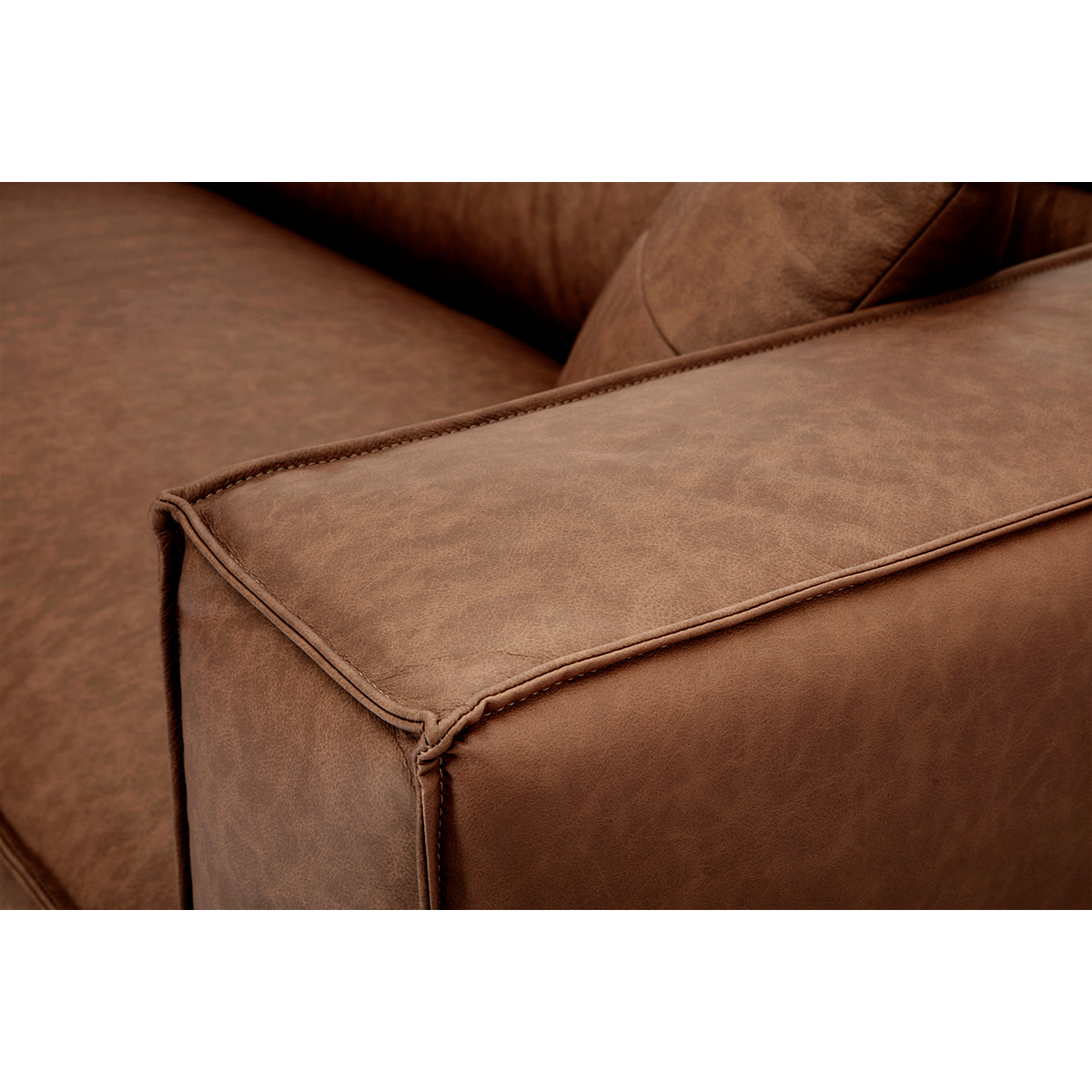 Canapé d'angle gauche vintage 4-5 places en cuir marron et bois noir COBAIN