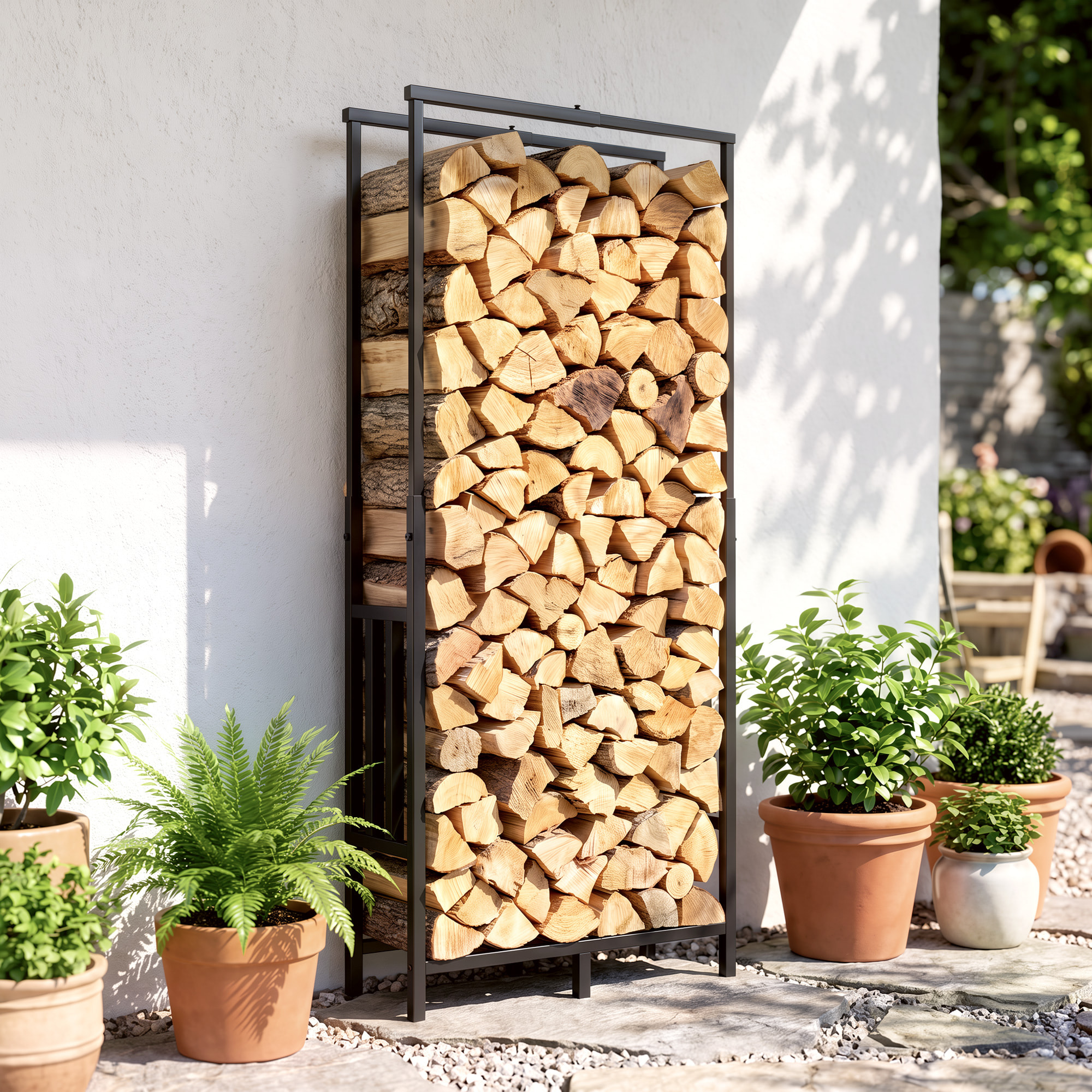 Estante de Leña de Acero Robusto, Leñero Exterior con Ancho y Alto Ajustables, Soporte para Leña de Chimenea para Interior y Exterior, Carga 100 kg, 45,5-75,5x25x98-170 cm, Negro