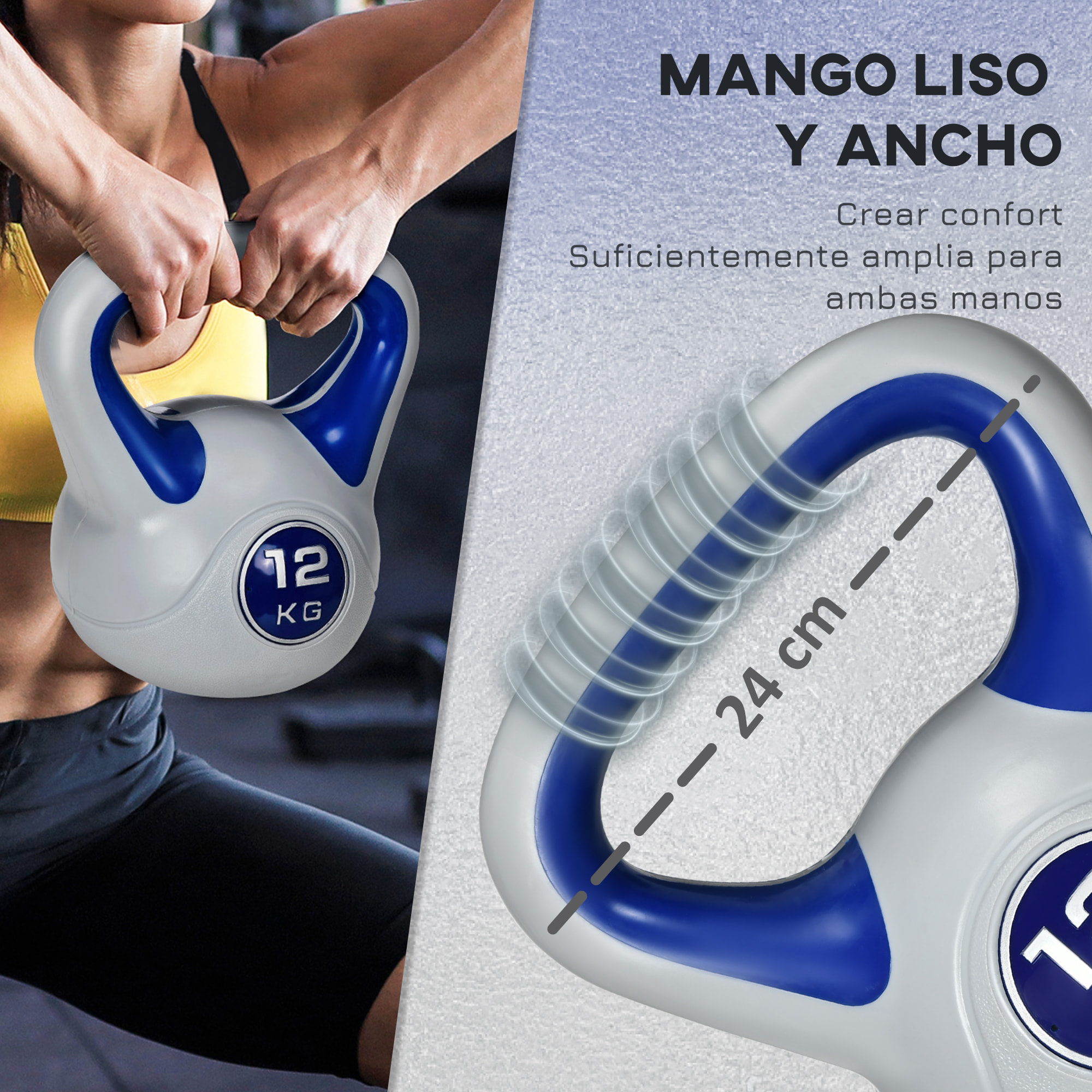 Pesa Rusa 12 kg Kettlebell Revestimiento de PU y Relleno de Arena Mango Ancho para Entrenamiento Culturismo en Casa Gimnasio 24x17x28 cm Azul Oscuro y Gris