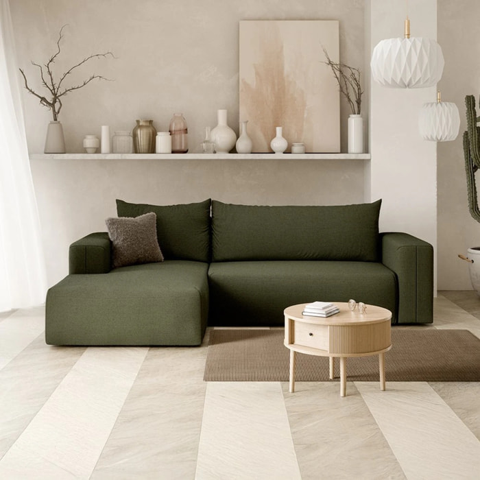 NALA - Canapé d'angle gauche convertible 4 places en tissu vert kaki