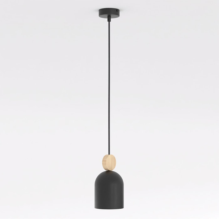 Lampada a sospensione Mesi in acciaio nero opaco e legno
