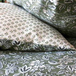 Parure de lit 3 pièces réversible motif floral - Kaki