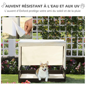 Canapé chien chat avec coussin déhoussable et auvent beige dim. 91L x 71l x 81H cm résine tressée aspect rotin brun foncé