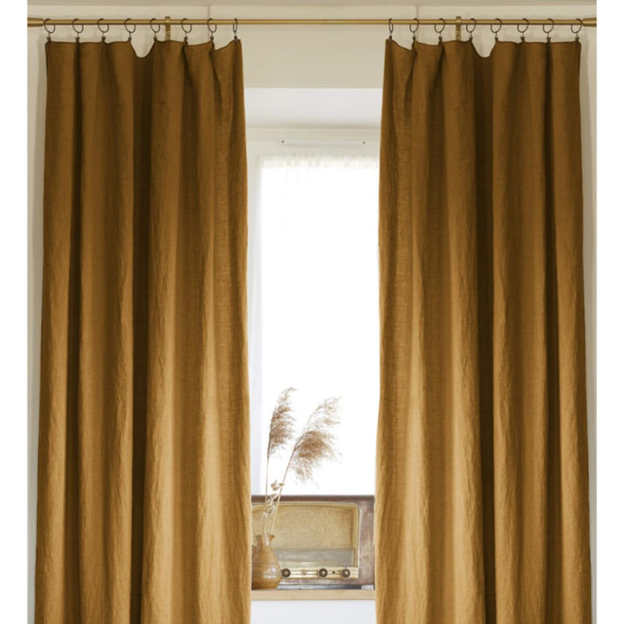 Lot de 2 rideaux ajustable + 8 anneaux pince ''Soline'' 140 x 270 cm Lin lavé - Couleur: Soline Caramel