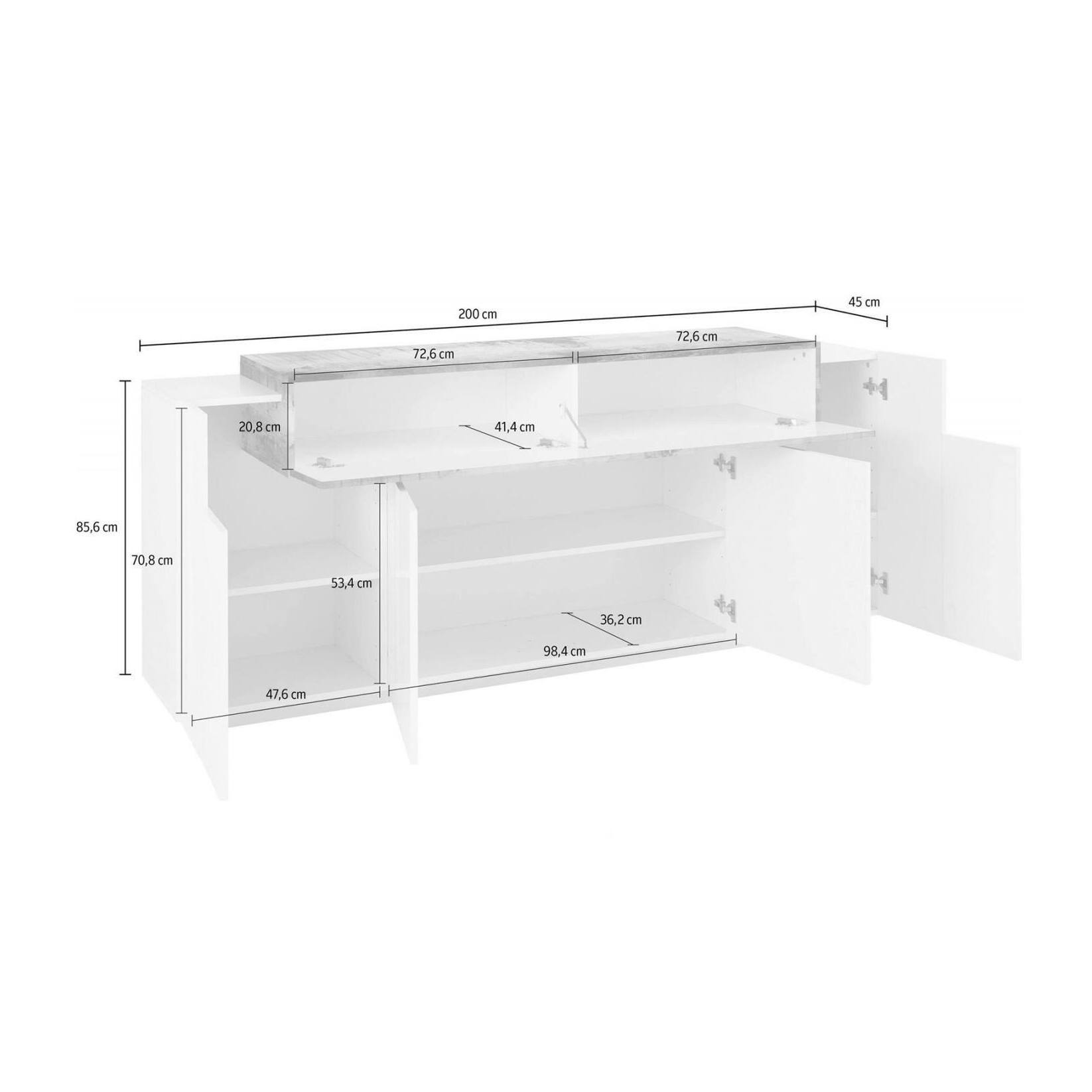 Credenza moderna a 5 ante, Made in Italy, Madia da cucina, Buffet di design da soggiorno, cm 200x45h86, colore Bianco lucido e Acero