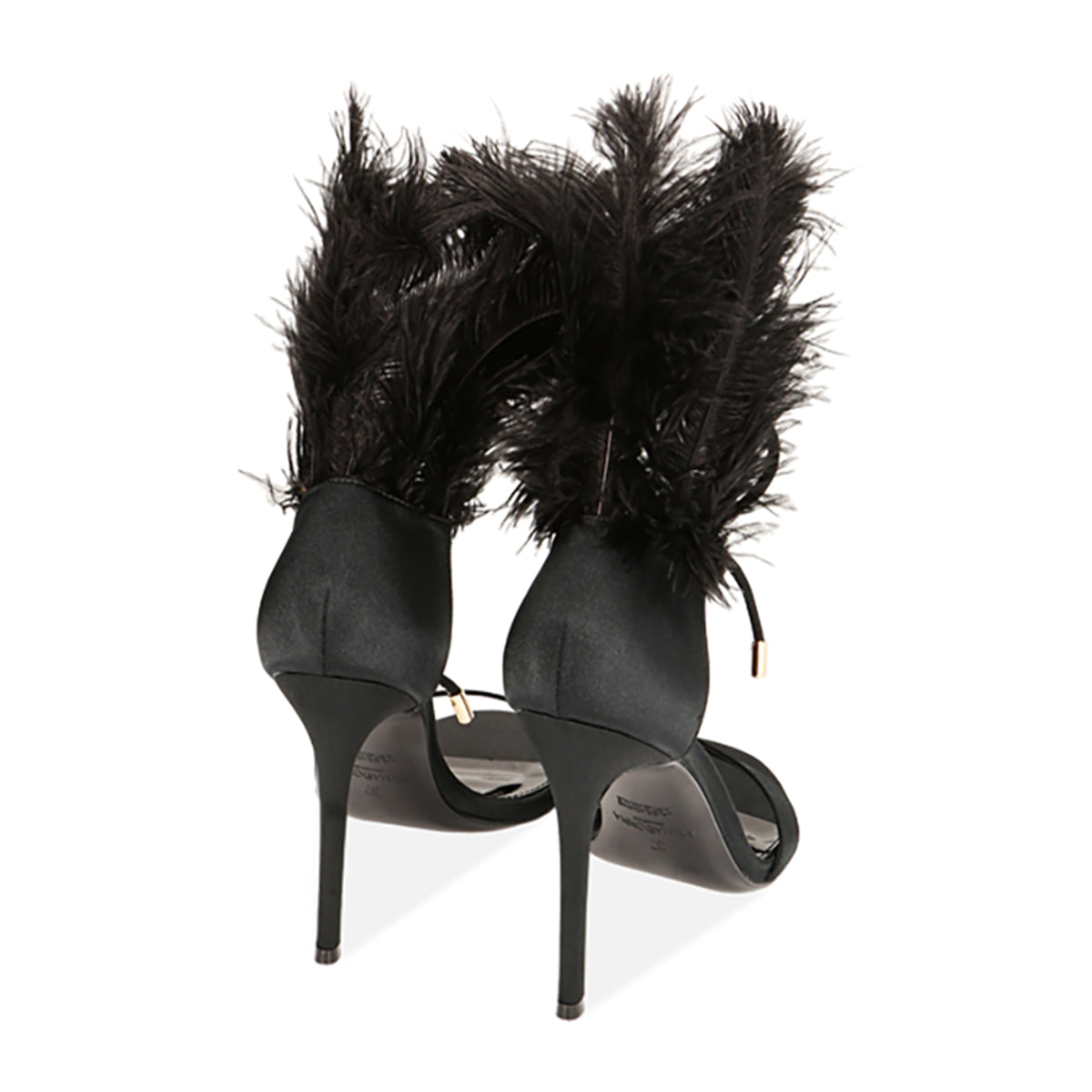 Sandalias de raso negras con plumas, tacón de 10,5 cm