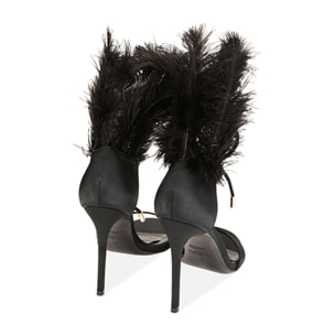 Sandalias de raso negras con plumas, tacón de 10,5 cm