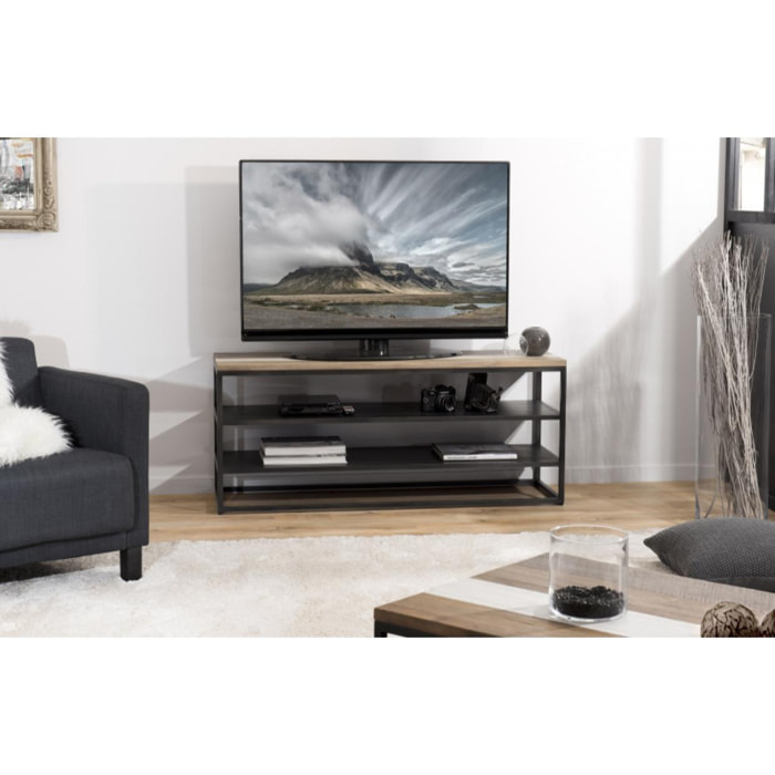 LEANDRE - Meuble TV noire bois acacia et métal 2 étagères