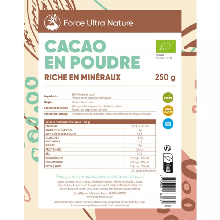 FORCE ULTRA NATURE - Cacao cru en poudre Force Ultra Nature - 100% BIO - Riche en fer, magnésium, calcium - Idéal en boissons ou pâtisseries - Doypack 250g, 500g