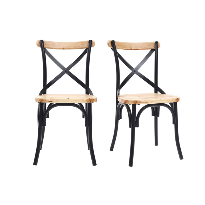 Chaises bistrot bois clair massif et métal noir (lot de 2) JAKE