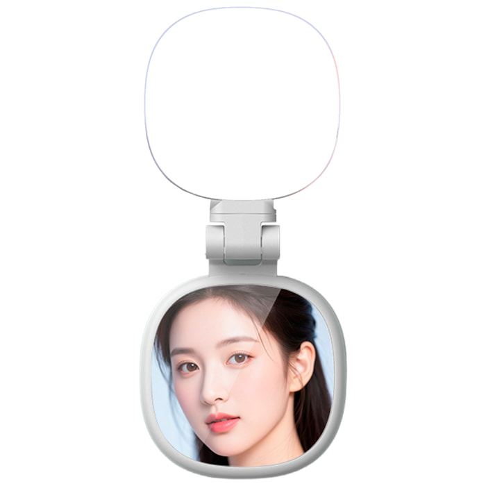 Lámpara de iluminación suplementaria para selfies con espejo, 3 tipos de luz, regulación de brillo y batería recargable.