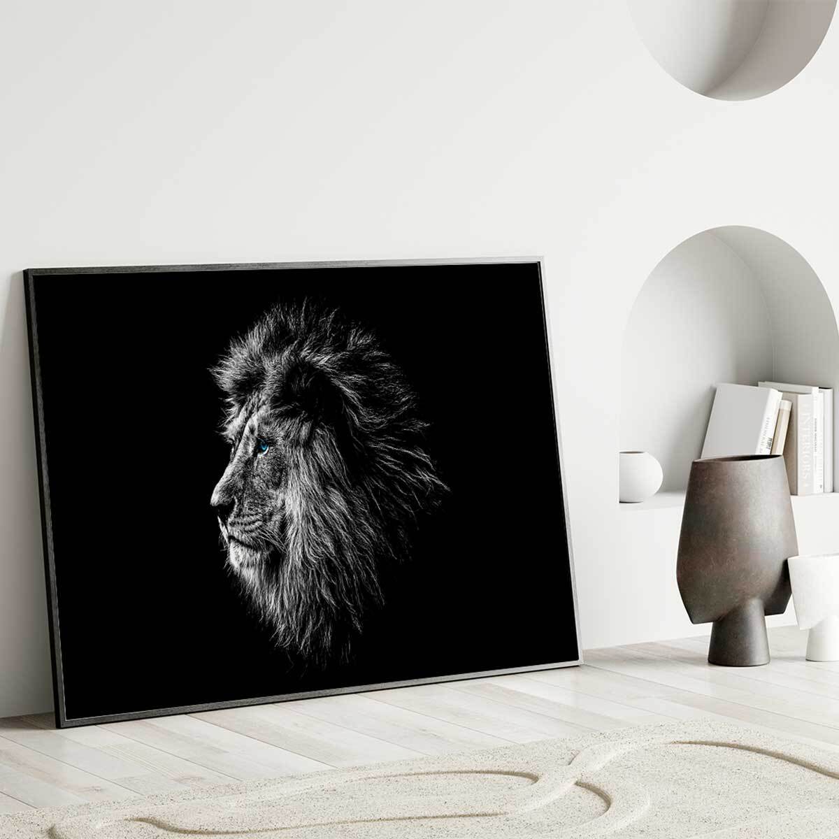 Affiche encadrée lion noir et blanc regard bleu Affiche + cadre en métal - Noir