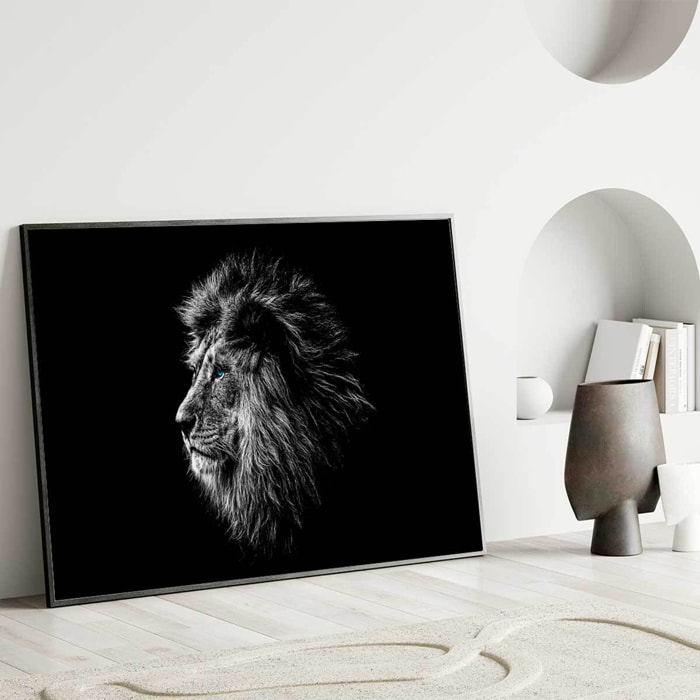 Affiche encadrée lion noir et blanc regard bleu Affiche + cadre en métal - Noir