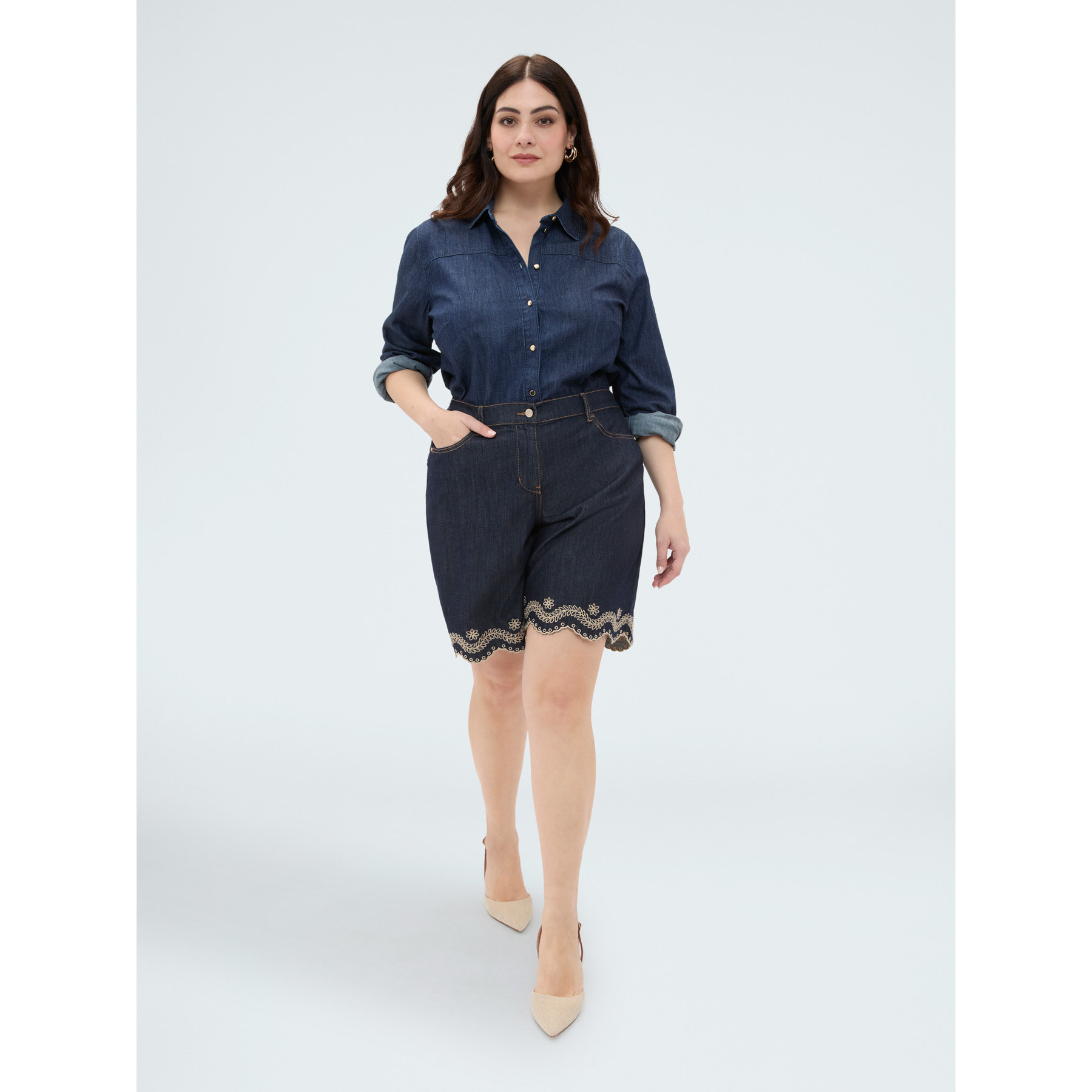 Fiorella Rubino - Bermudas vaqueras con bordado san gallo - Azul