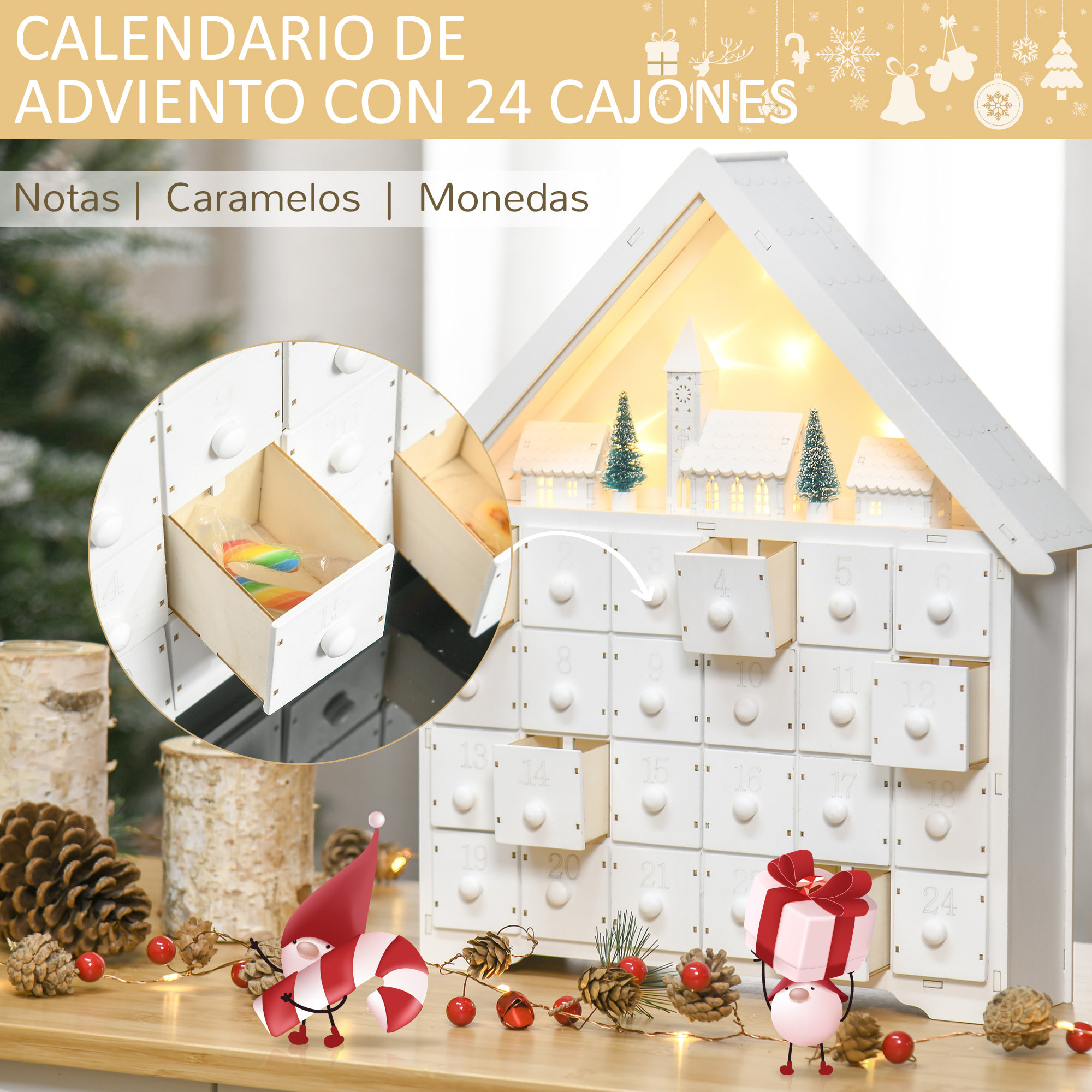 Calendario de Adviento de Navidad Madera con 24 Cajones y Luces LED Decoración Navideña Modelo Casita 39x9x42 cm Blanco