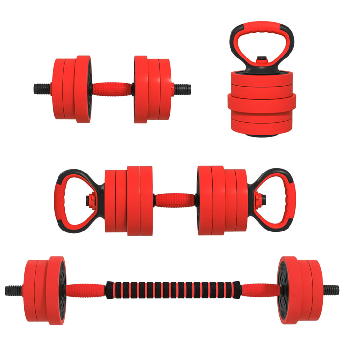 Kit de Mancuernas Ajustables 20kg 4 en 1 Juego de Pesas con Kettlebell Barra de Pesas para Entrenamiento de Fuerza en Hogar Gimnasio Oficina Rojo