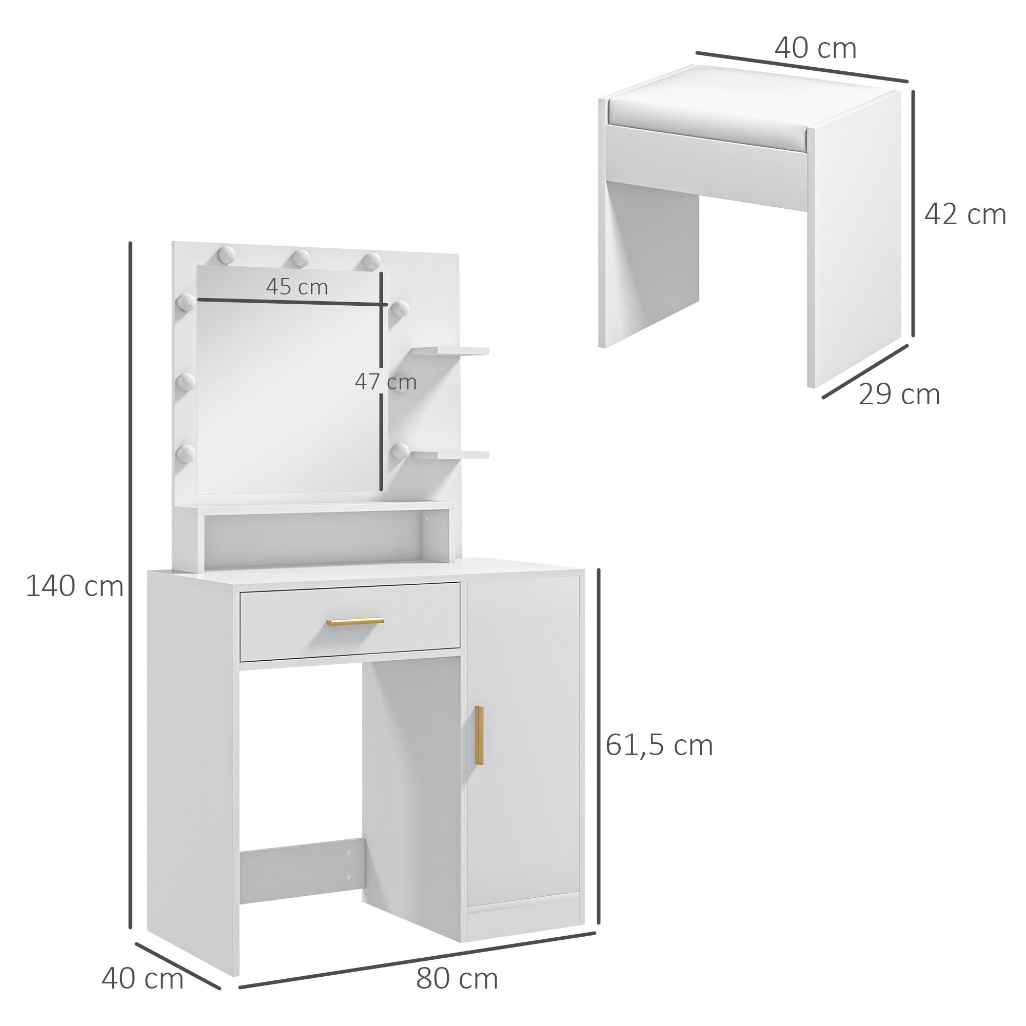 Tocador de Maquillaje con Taburete Mesa de Maquillaje con Espejo LED Cajones Estante Ajustable y Estantes Abiertos para Dormitorio Sala de Estar Blanco