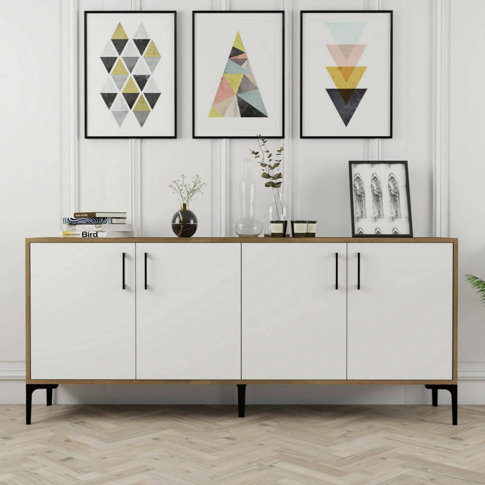 Credenza Dpedrol, Buffet da soggiorno, Madia da salotto, Dispensa da cucina, 180x35h78 cm, Noce e Bianco