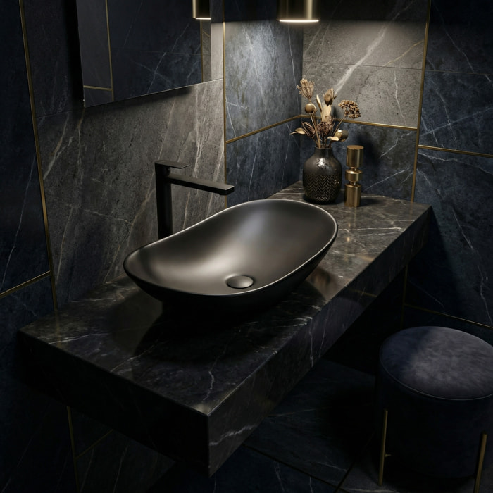 Set complet vasque à poser 61,5 x 36 cm noir mat + mitigeur haut XL assorti – salle de bain moderne B-Way (SATINF61536BKM-BWAY)