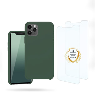 Coque iPhone 11 Pro Max Silicone liquide Vert Foret + 2 Vitres en Verre trempé Protection écran Antichocs