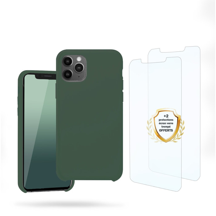 Coque iPhone 11 Pro Max Silicone liquide Vert Foret + 2 Vitres en Verre trempé Protection écran Antichocs