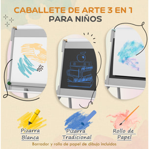 Pizarra Infantil Caballete de Pintura para Niños 3 en 1 Pizarra de Doble Cara con Rollo de Papel Borrador y Cajas de Almacenamiento Gris