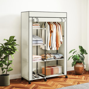Armario de Tela con Ruedas, Armario Portátil, con Barra para Colgar, 6 Estantes, Marco de Acero, para Dormitorio, Vestidor, 103x43x162,5 cm, Crema